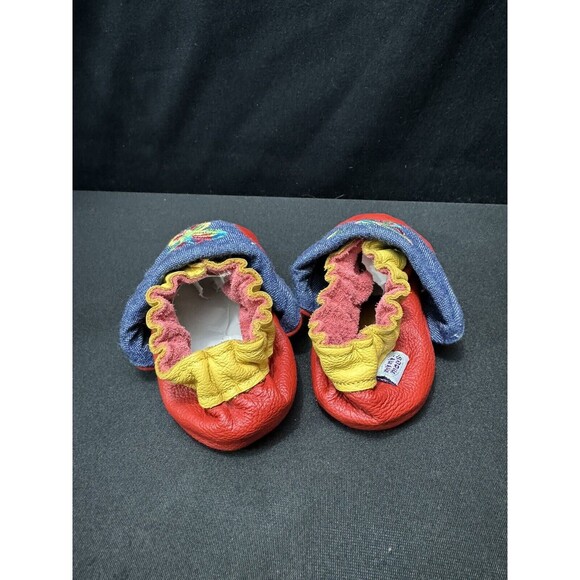 Mini-Mocs Infant Moccasin Shoes 12-18 Months Y2K Butterfly Leather Red + Denim - Picture 4 of 8